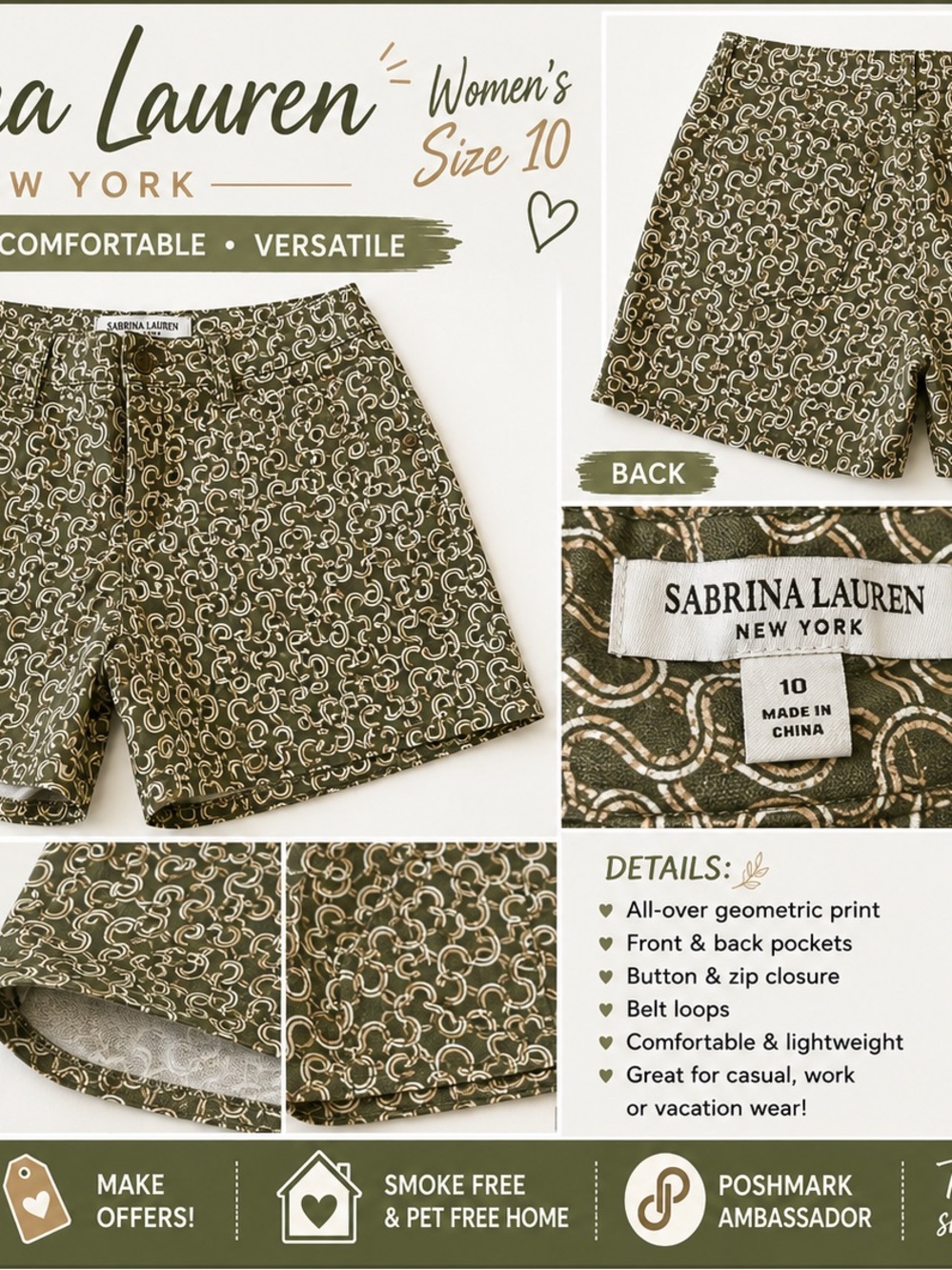 Sabrina Lauren Olive Geometric Print Bermuda Shorts